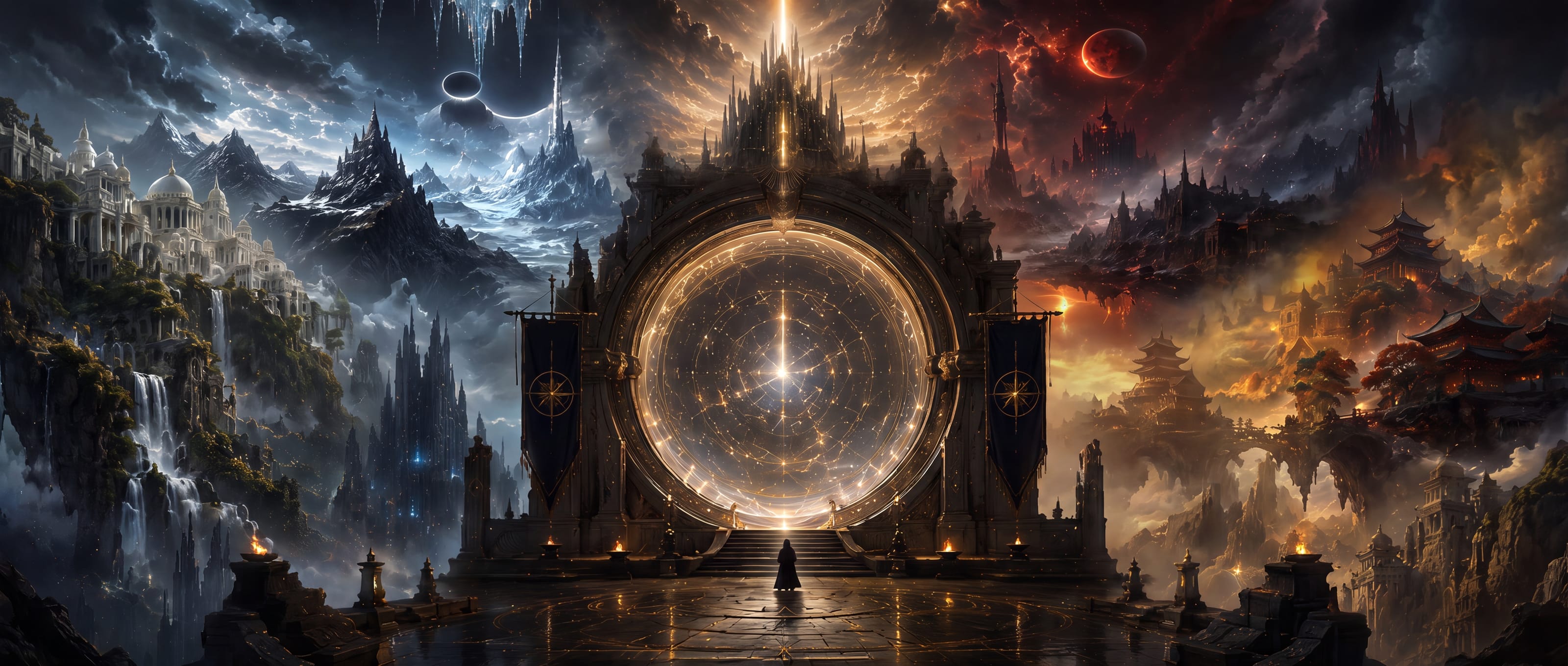 The great golden gate of the Xanosphere, four realms converging in the sky above it