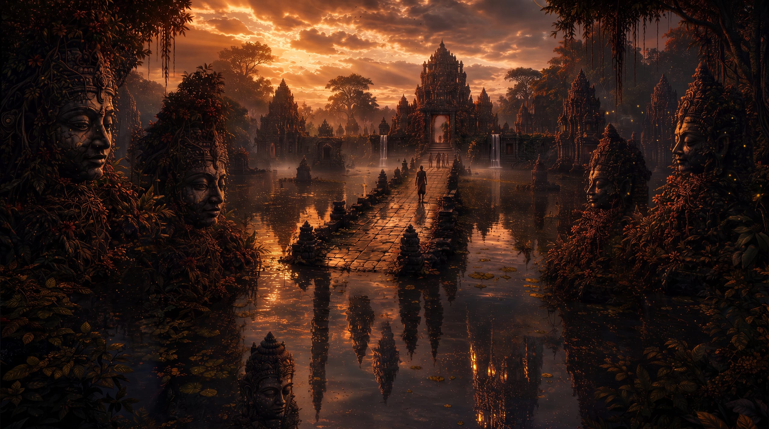Indriya — golden temple gates across a mirror-still lake