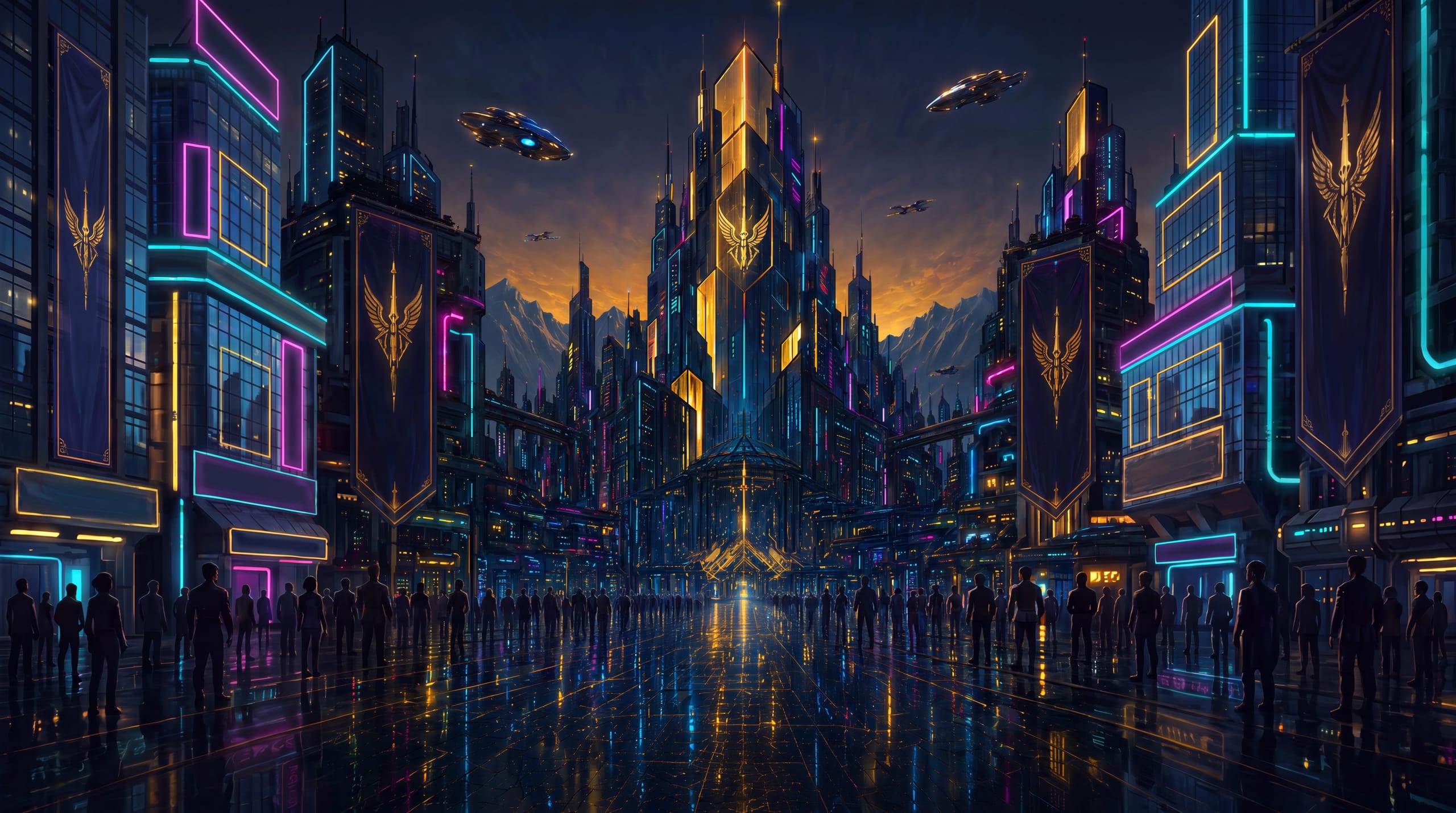 The Xanosphere capital — a golden megatower over a neon city